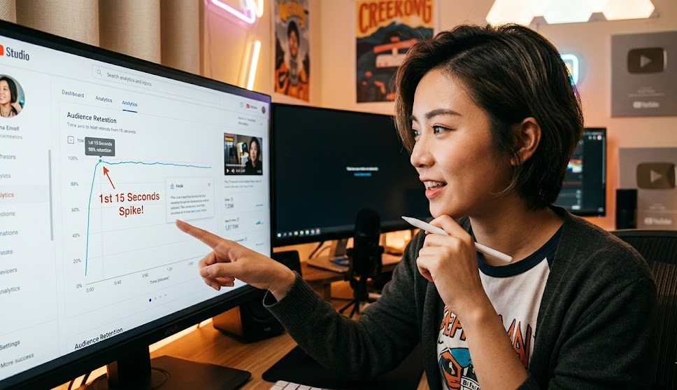 A creator analyzing a YouTube retention graph that shoots up in the first 15 seconds.